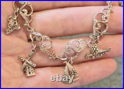 Vintage Art Deco Silver Marcasite Charm Bracelet Heart Harp Umbrella