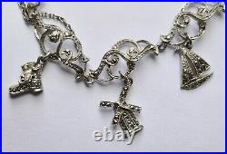 Vintage Art Deco Silver Marcasite Charm Bracelet Heart Harp Umbrella