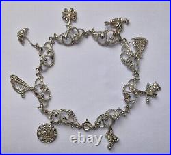 Vintage Art Deco Silver Marcasite Charm Bracelet Heart Harp Umbrella