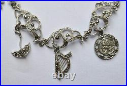 Vintage Art Deco Silver Marcasite Charm Bracelet Heart Harp Umbrella