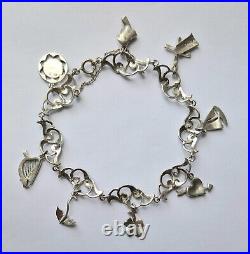 Vintage Art Deco Silver Marcasite Charm Bracelet Heart Harp Umbrella