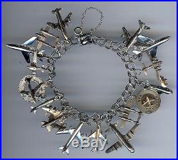 Vintage Beau Sterling Silver Double Hammered Link Many Airplanes Charm Bracelet