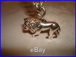 Vintage Beautiful Sterling Silver Lion Charm Solid Rollo Chain Bracelet 7.5