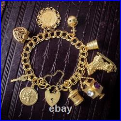 Vintage Charm Bracelet Silver 18ct Gold Gilt 9 Charms And Heart Padlock