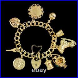 Vintage Charm Bracelet Silver 18ct Gold Gilt 9 Charms And Heart Padlock