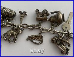 Vintage Charm Bracelet Silver 19 Charms 4 Opening Church Top Hat Fortune Teller