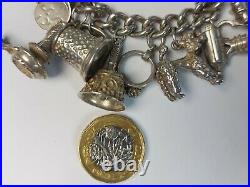 Vintage Charm Bracelet With 16 Charms Sterling Silver Padlock 6.25 108.1g ig42