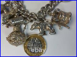 Vintage Charm Bracelet With 16 Charms Sterling Silver Padlock 6.25 108.1g ig42