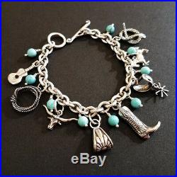 Vintage Country-Western CHUNKY Sterling Silver Charm Bracelet With Turquoise