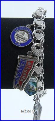 Vintage Double Chain Heart Link Charm Bracelet Sterling Silver US States Travel Vintage Double Chain Heart Link Charm Bracelet Sterling Silver US States Travel