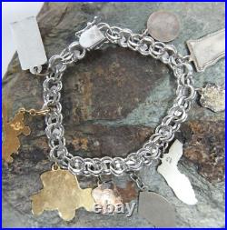 Vintage Double Chain Heart Link Charm Bracelet Sterling Silver US States Travel Vintage Double Chain Heart Link Charm Bracelet Sterling Silver US States Travel