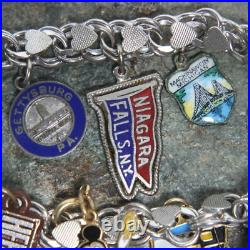 Vintage Double Chain Heart Link Charm Bracelet Sterling Silver US States Travel Vintage Double Chain Heart Link Charm Bracelet Sterling Silver US States Travel