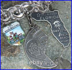 Vintage Double Chain Heart Link Charm Bracelet Sterling Silver US States Travel Vintage Double Chain Heart Link Charm Bracelet Sterling Silver US States Travel
