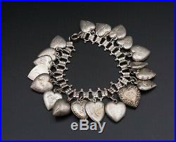 Vintage Enamel Sterling Silver Puffy Heart Charm Bracelet 19 Charms BS1953