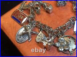 Vintage Estate Sterling Silver Charm Bracelet Loaded! 16 Charms 3-d 45 Grams