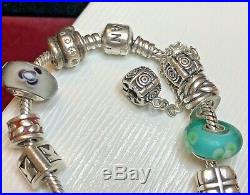 Vintage Estate Sterling Silver Signed Pandora Bracelet & 13 Charms 60 Grs