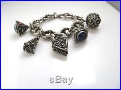 Vintage Etruscan 800 Silver Charm Bracelet Blue Glass Fob Italy