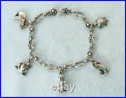 Vintage Georg Jensen Flowers Sterling Silver Frog Turtle Elephant Charm Bracelet