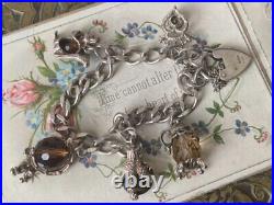 Vintage Hallmarked Sterling Silver Charm Bracelet Heart Lock & Crystal Charms