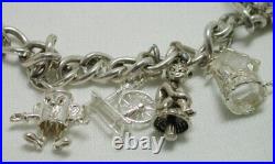 Vintage Heavy Solid Silver Curb Bracelet With 11 Silver Charms