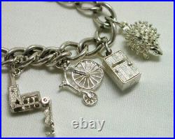 Vintage Heavy Solid Silver Curb Bracelet With 11 Silver Charms