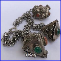 Vintage Huge 800 Silver Charm Fob Etruscan Green Jade & Coral Jeweled Bracelet