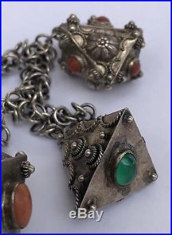 Vintage Huge 800 Silver Charm Fob Etruscan Green Jade & Coral Jeweled Bracelet