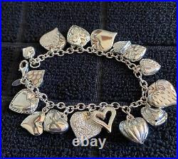 Vintage JCM Mauritius 925 Sterling Silver Puffy Hearts Charm Bracelet Size 7