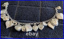 Vintage JCM Mauritius 925 Sterling Silver Puffy Hearts Charm Bracelet Size 7