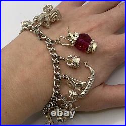 Vintage Kitsch Charm Chain Bracelet 925 Sterling Silver 7 Inches