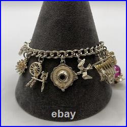 Vintage Kitsch Charm Chain Bracelet 925 Sterling Silver 7 Inches