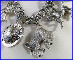 Vintage Monet Silver Tone 9 Charm Bracelet Chunky Big Bull Globe Dog Mouse Horse