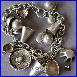 Vintage OLD Mexican Sterling Silver 14 Charms Bracelet