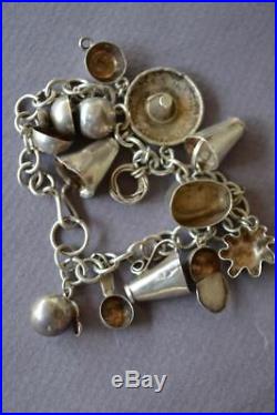 Vintage OLD Mexican Sterling Silver 14 Charms Bracelet