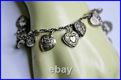 Vintage Oxidized 925, 14 Puffed Heart 1/2 X 3/4 Charm Bracelet 7 18.4 Grams