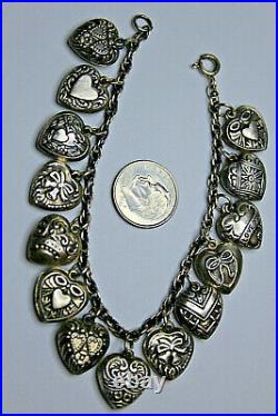 Vintage Oxidized 925, 14 Puffed Heart 1/2 X 3/4 Charm Bracelet 7 18.4 Grams