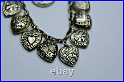 Vintage Oxidized 925, 14 Puffed Heart 1/2 X 3/4 Charm Bracelet 7 18.4 Grams