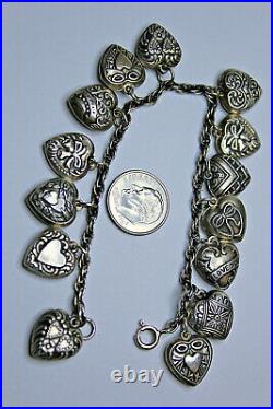 Vintage Oxidized 925, 14 Puffed Heart 1/2 X 3/4 Charm Bracelet 7 18.4 Grams