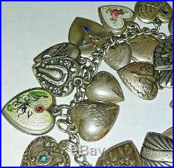 Vintage PUFFY HEART STERLING SILVER 29 CHARM BRACELET Spider & the Fly & More