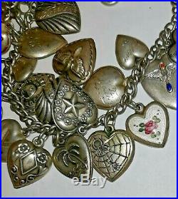 Vintage PUFFY HEART STERLING SILVER 29 CHARM BRACELET Spider & the Fly & More