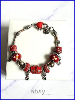 Vintage Pandora Enamelled Red and Silver Chunky Charm Bead Bracelet