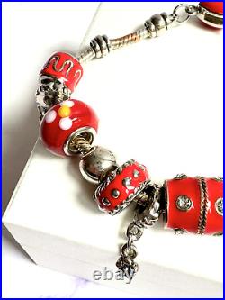 Vintage Pandora Enamelled Red and Silver Chunky Charm Bead Bracelet