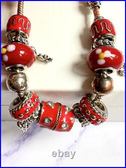 Vintage Pandora Enamelled Red and Silver Chunky Charm Bead Bracelet