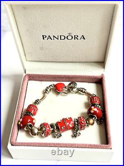 Vintage Pandora Enamelled Red and Silver Chunky Charm Bead Bracelet