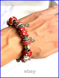 Vintage Pandora Enamelled Red and Silver Chunky Charm Bead Bracelet