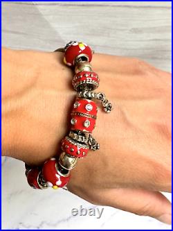 Vintage Pandora Enamelled Red and Silver Chunky Charm Bead Bracelet