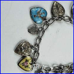 Vintage Puffed Heart Charm Bracelet 925 Sterling Silver with some Enamel Charms