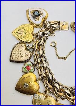 Vintage Puffy Heart Charm Bracelet Gold Filled Sterling Silver Enamel Repousse