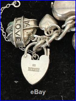 Vintage Puffy Heart Charm Bracelet Sterling Silver 925 Enamel Padlock Repousse