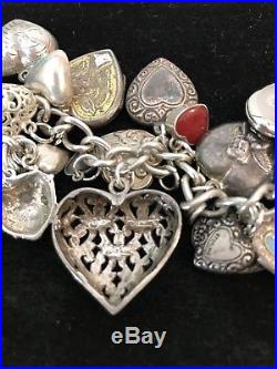 Vintage Puffy Heart Charm Bracelet Sterling Silver 925 Enamel Padlock Repousse